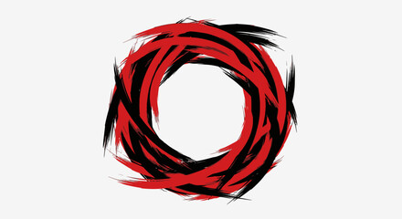 Abstract red and black circular design with dynamic brush strokes on a white background.