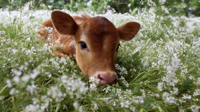 Adorable calf resting peacefully among a field of delicate white wildflowers