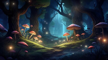 Enchanted forest with luminous mushrooms and fireflies, mystical night path. A magical woodland scene with vibrant, glowing flora and ethereal light. - Powered by Adobe
