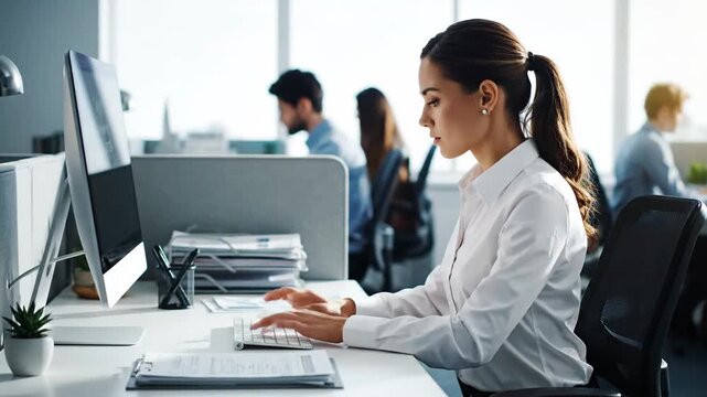 Diligent professional at her workstation typing with focus in a bright open-plan office environment showcasing a modern and dynamic workplace culture