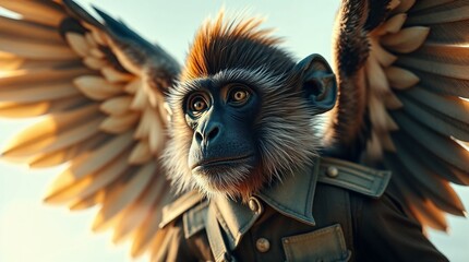 Flying monkey in a fierce mood soaring through the air representing The Wonderful Wizard of Oz against a dark enchanted sky