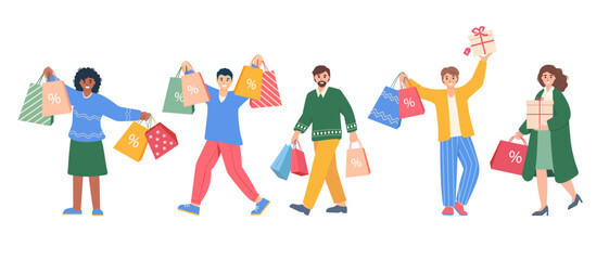 Set of people with gifts and shopping bags. Happy men and women buying at discount on winter sale. Flat characters vector illustration isolated on white background.
