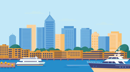 Naklejka premium Cityscape on the water featuring boats and towering skyscrapers, reflecting on the calm surface
