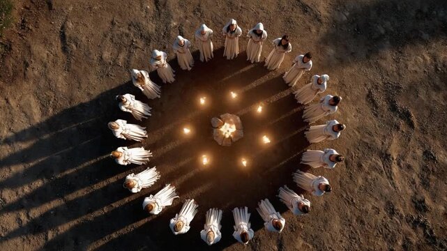 Ritual Circle: Overhead view of a mystical ritual, where figures in flowing robes gather in a circle, bathed in the soft glow of candlelight, invoking a sense of mystery and spiritual gathering.