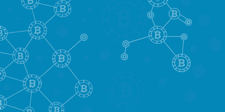 Blockchain network background with bitcoin symbol on blue backdrop