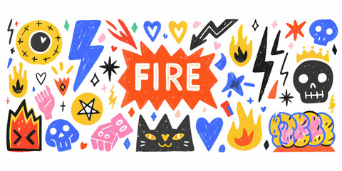Colorful hand drawn doodle elements with fire hearts and skulls