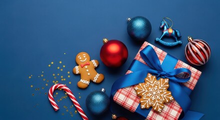 Christmas flat lay with a gift box, gingerbread man, candy cane, and festive ornaments on a dark blue background