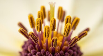 Vibrant Yellow Pollen Covering Purple Stamens in a Detailed Flower Macro