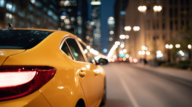 Yellow taxi driving through a brightly lit city street at night with copy space for banner designs