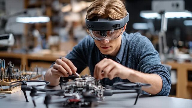 Drone Repair Specialist: A focused engineer, equipped with cutting-edge technology, meticulously repairs a drone, showcasing precision and technological expertise.