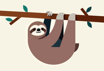 Naklejka premium A whimsical illustration of a smiling sloth hanging from a tree branch, vibrant and flat design