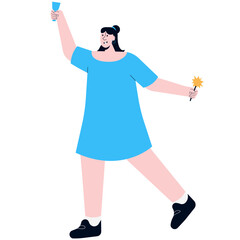 A cheerful woman in a blue dress celebrates, holding a glass and a sparkler in a joyful pose.