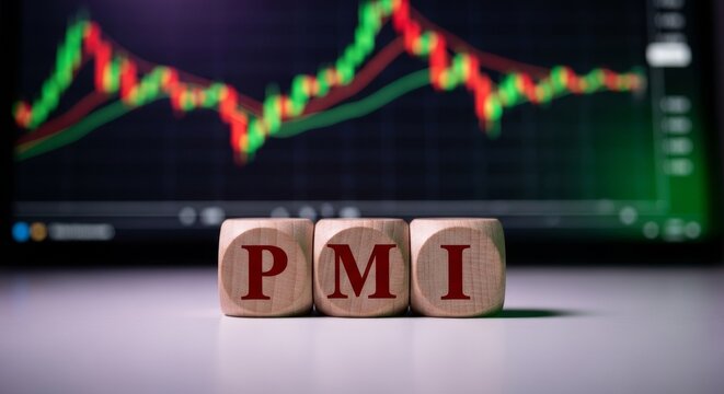 PMI indicator: A close-up shot highlights three wooden dice arranged to spell out PMI against the backdrop of a financial graph. The image evokes a sense of financial insight and data analysis.