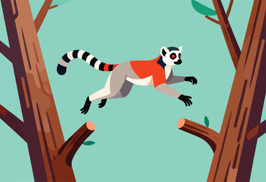 A lemur in mid-air, with a striped tail, between stylized trees, against a teal background