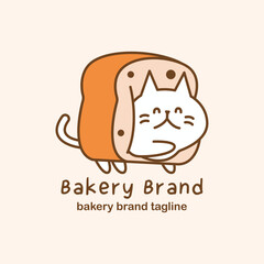 Charming bakery logo featuring cute cat mascot peeking from inside bread loaf. Playful illustration with warm tones for pastry branding and packaging design.