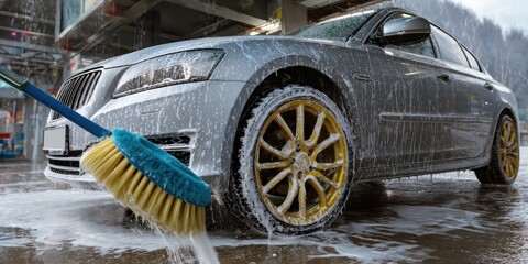 Car washing with brush and foam at service station cleanliness focus. Concept of auto care, maintenance, and service advertising expressing energy and satisfaction.