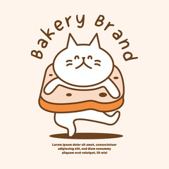Cute bakery logo featuring cat mascot in bread slice costume standing confidently. Playful illustration with warm tones for cafe branding and packaging design.
