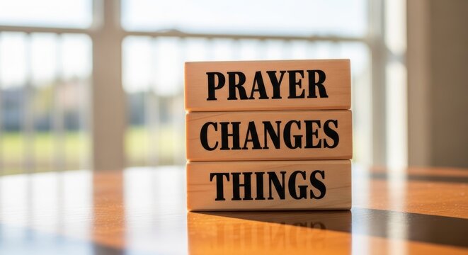 Prayer Changes Things: A wooden block displays the profound message Prayer Changes Things, beautifully displayed on a wooden table, against a backdrop of a sunlit window.