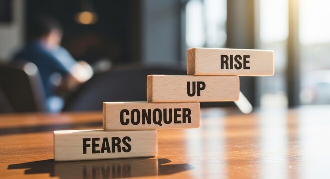 Wooden blocks staircase to success: An inspiring arrangement of wooden blocks forms a metaphorical staircase, each step inscribed with words of empowerment.