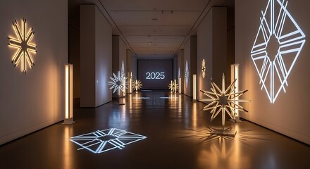 Dynamic Geometric Light Art Installation in a Reflective Gallery Hallway Leading to 2025 Projection.