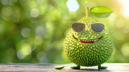 A Whimsical Representation of a Smiling Fruit Character Enjoying a Sunny Day with Sunglasses and a Leaf on Its Head Amidst a Lush Green Background