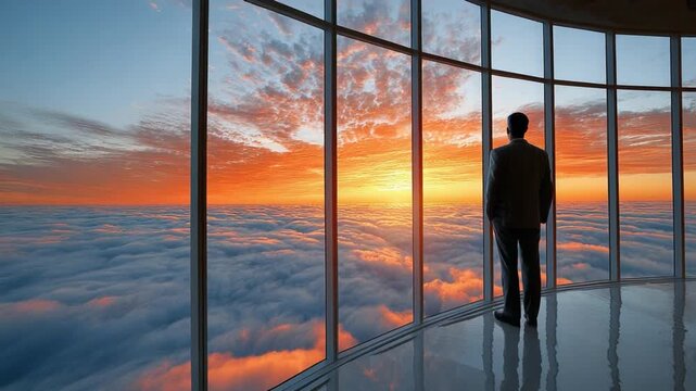 Visionary Contemplation: An individual stands at a panoramic window, gazing upon a breathtaking sunset. The scene inspires contemplation and showcases ambition.