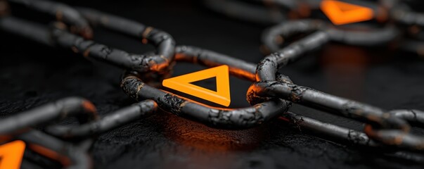 supply chain management logistics risk management. Abstract design featuring chains and an orange triangular shape against a dark background.