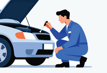 A mechanic in blue overalls kneels, examining a car's open engine bay with a diagnostic tool