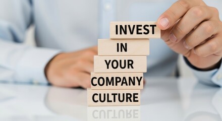 Invest in your company culture: a person hand arranging wooden block to built culture, symbolizing value and dedication to the future of the company