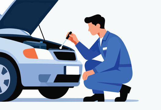 A mechanic in blue overalls kneels, examining a car's open engine bay with a diagnostic tool