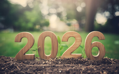 Wooden 2026 numbers growing in soil symbolizing new year and future
