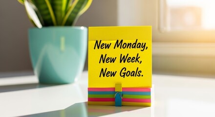 Motivational Monday: New Monday, New Week, New Goals. A vibrant post-it note shines with an inspiring message, promising a fresh start to the work week, ready to seize new opportunities.