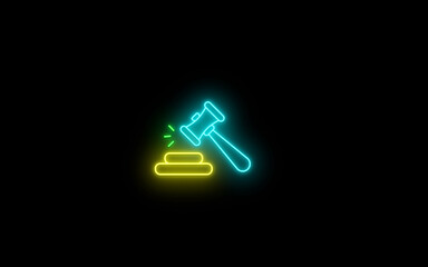 Neon auction sign icon symbol. Neon glowing colorful Judge gavel icon on black background. Neon Hammer of justice icon.