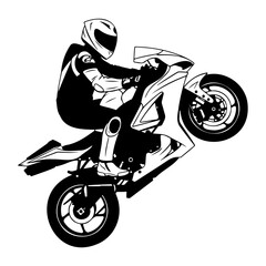 Illustration of a motorcyclist doing a wheelie on a sport bike in black