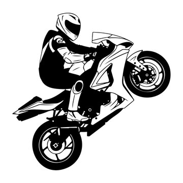 Illustration of a motorcyclist doing a wheelie on a sport bike in black