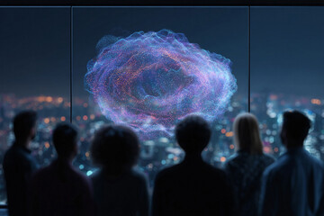 A group watches a futuristic, vibrant cloud of particles outside a skyscraper window overlooking a cityscape. It suggests innovation, technology, or a breakthrough discovery.