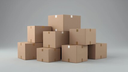 Pile of unlabeled brown shipping boxes ready for transport or storage on a plain backdrop. Ideal for e-commerce, delivery, and moving concepts.