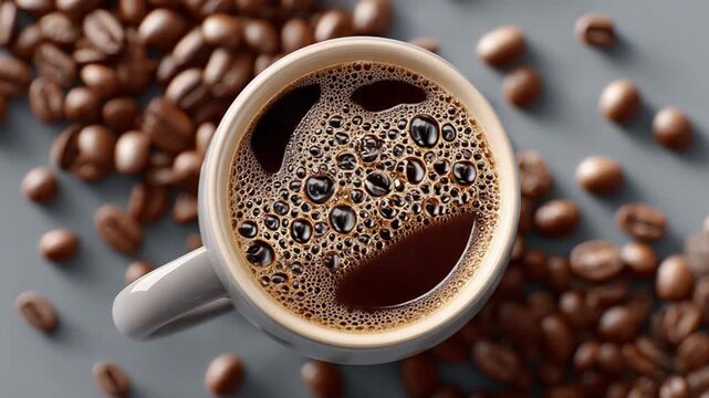 Aromatic Brew: A close-up shot of a cup of rich, dark coffee, its surface crowned with delicate bubbles, surrounded by scattered roasted coffee beans, inviting to coffee enthusiasts.