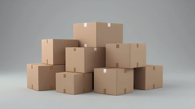 Pile of unlabeled brown shipping boxes ready for transport or storage on a plain backdrop. Ideal for e-commerce, delivery, and moving concepts.