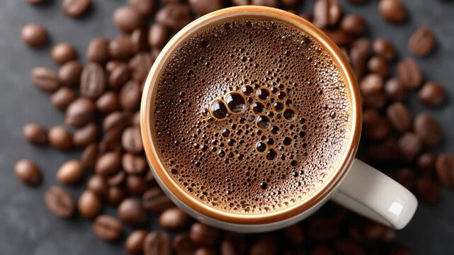 Aromatic Coffee Delight: A steaming cup of rich, dark coffee sits nestled amidst a pile of freshly roasted coffee beans, an enticing invitation to indulge in the perfect brew. 