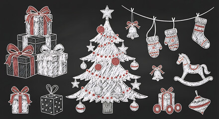 Whimsical hand drawn christmas ornaments gifts tree and rocking horse on black background