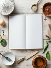An Open Recipe Book Surrounded by Fresh Ingredients, Cooking Tools, and Spices on a Rustic Wooden Table Ready for Culinary Inspiration
