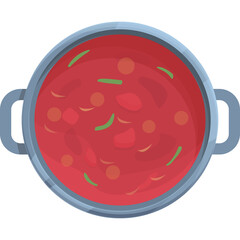 Overhead View Of A Large Silver Pot Filled With A Vibrant Red Tomato Stew With Visible Chunks Of Vegetables And Herbs