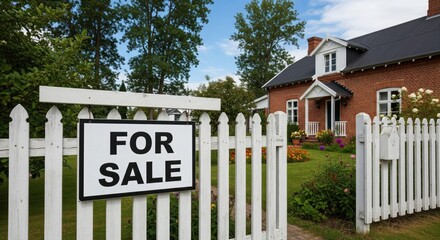 Charming brick house with a white picket fence and a “For Sale” sign, representing real estate listings, property buying, home ownership, housing market, and investment opportunities