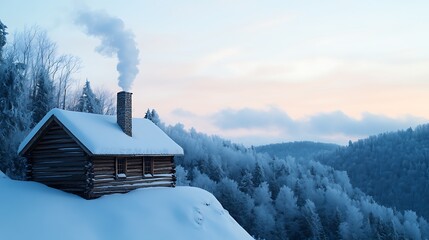 Cozy cabin nestled in a snow covered landscape with smoke rising from the chimney