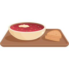 Pixel Art Bowl of Red Soup Topped with Cream and Sprinkles of Green Herbs Served with Two Slices of Toasted Bread on a Wooden Tray Against a White Background