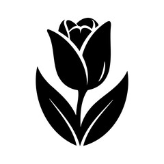 A black silhouette of a tulip flower with leaves on a white background