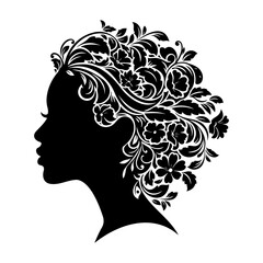 Silhouette of a woman with floral hair design in black and white vector