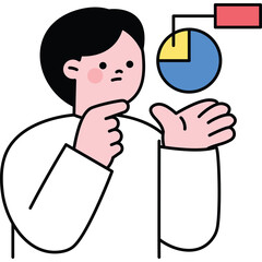 Person Thinking About Pie Chart Data Analysis With Pink Blush On Cheek And Blue Yellow Red Chart Elements