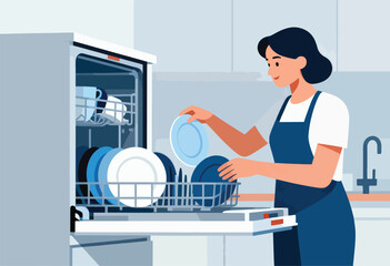 A woman in a blue apron places a plate in the dishwasher. A kitchen scene depicted in a flat style